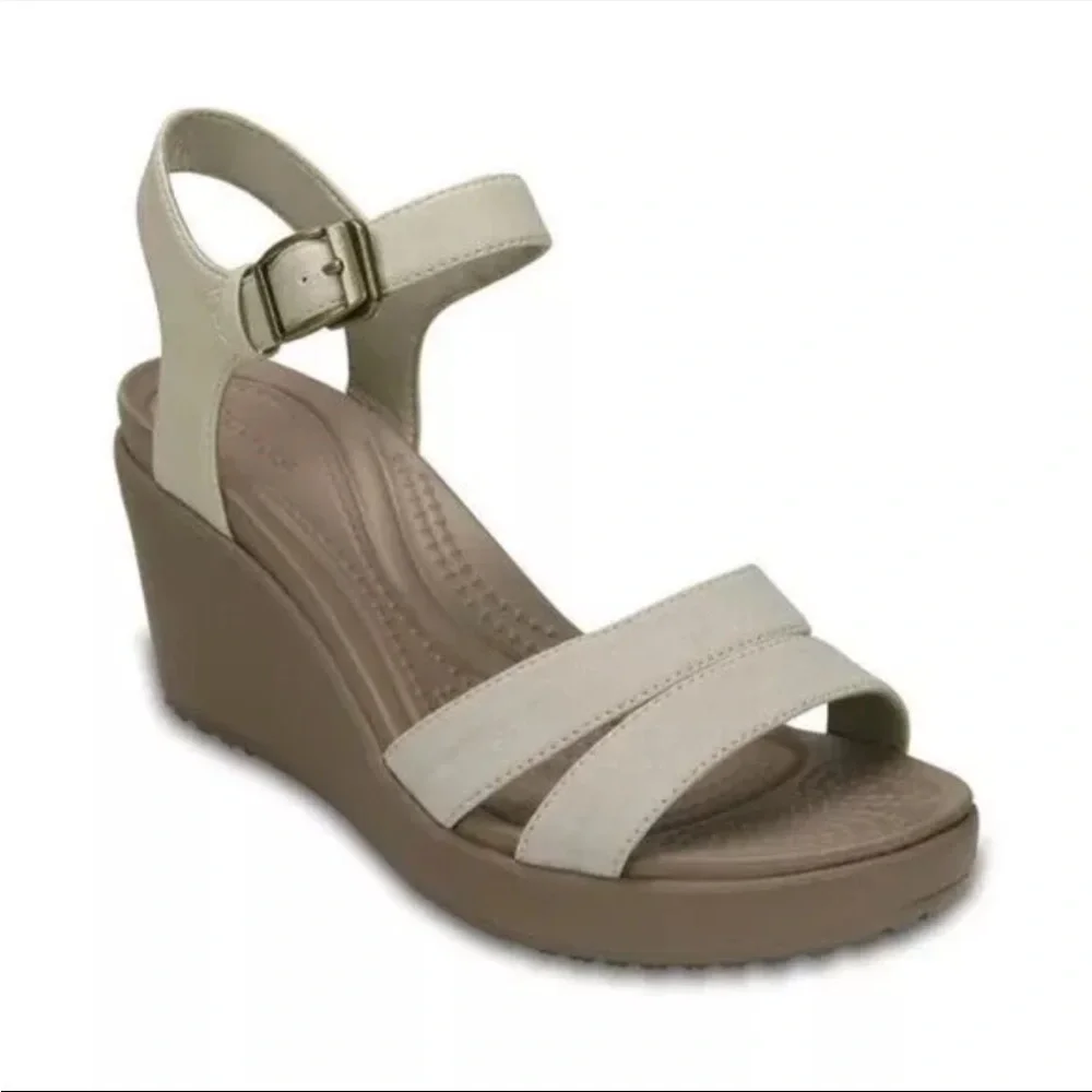 Crocs Womens Leigh II Ankle Strap Wedge Sandals Size 10 Light Beige
